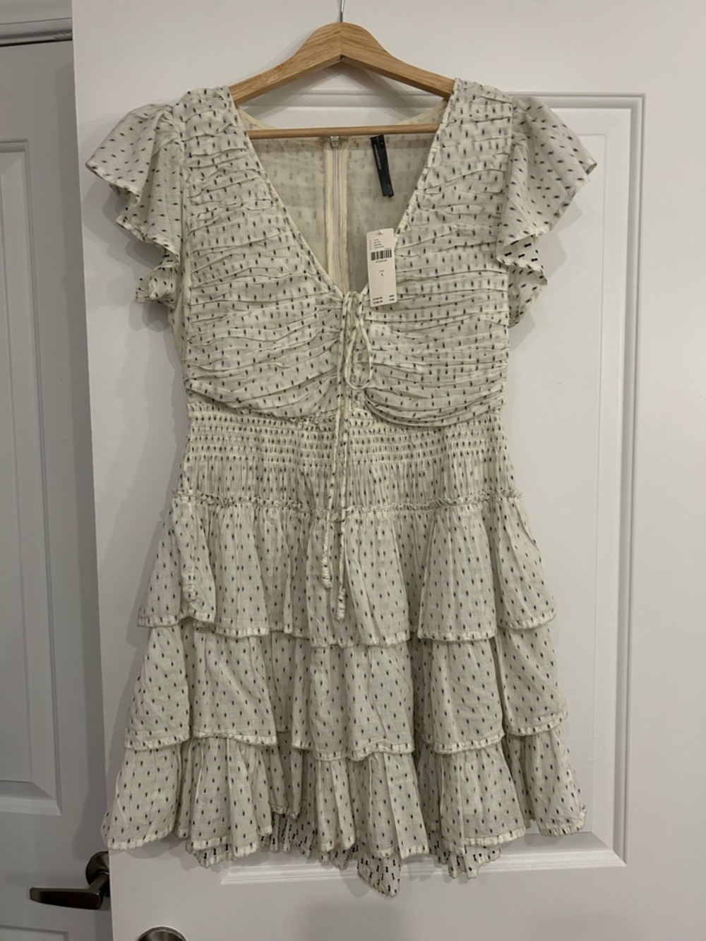 Anthropologie Puff-Sleeve Gathered Tiered Mini Dress - Ivory
